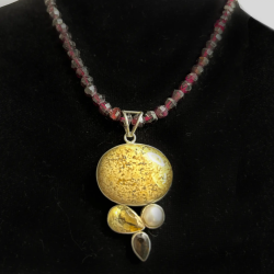 Garnett Stone Necklace and Sterling Silver Pendant with Precious Beads